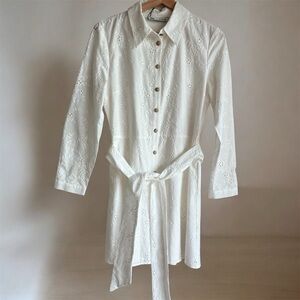 Zara Eyelet Embroidered Mini Dress Oyster White Long Sleeve Belted NWT Size S